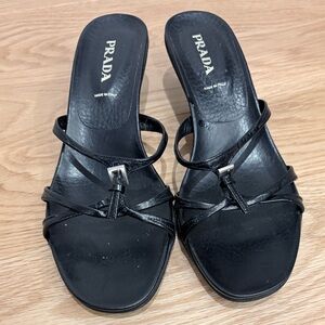 Vintage PRADA Black Leather Strappy Kitten Heel Mules – EU 40 – Made in Italy